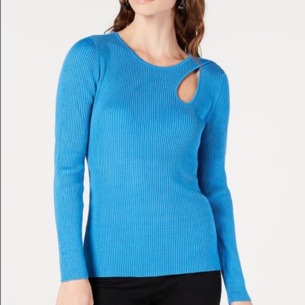 INC International Concepts Blue Ribbed Long-Sleeve Crewneck Sweater with Cutout
